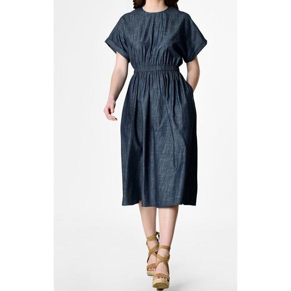 eShakti Elastic Waist Chambray Blouson Dress 1X NWOT Preppy Classic - Picture 3 of 4